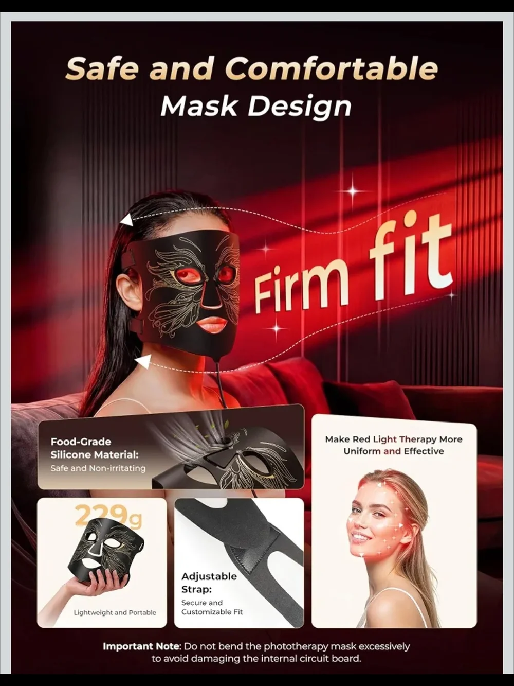 LED Silicone Face & Neck Mask - Black